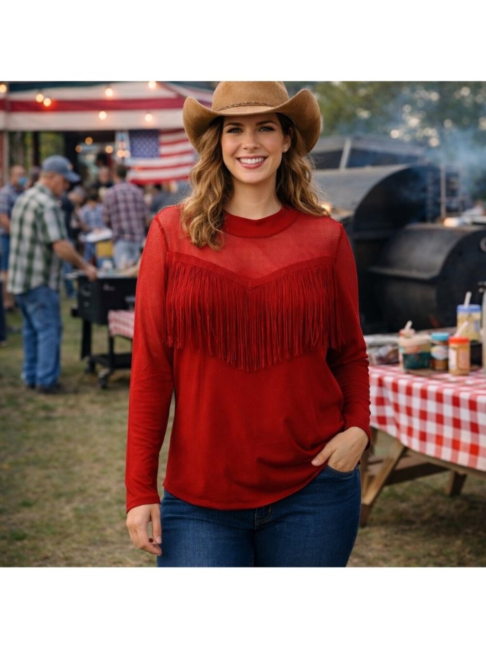 Vivid Womens Red Fringe Western Long Sleeve Top SZ L Sheer Bodice & Sleeves Boho